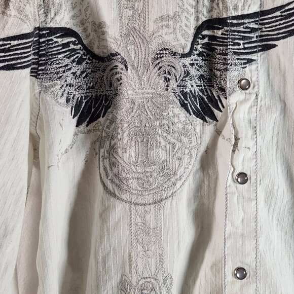 INC Cotton White Pearl Snap Button Long Sleeve Black White Print Mens Shirt Sz M - Picture 2 of 13